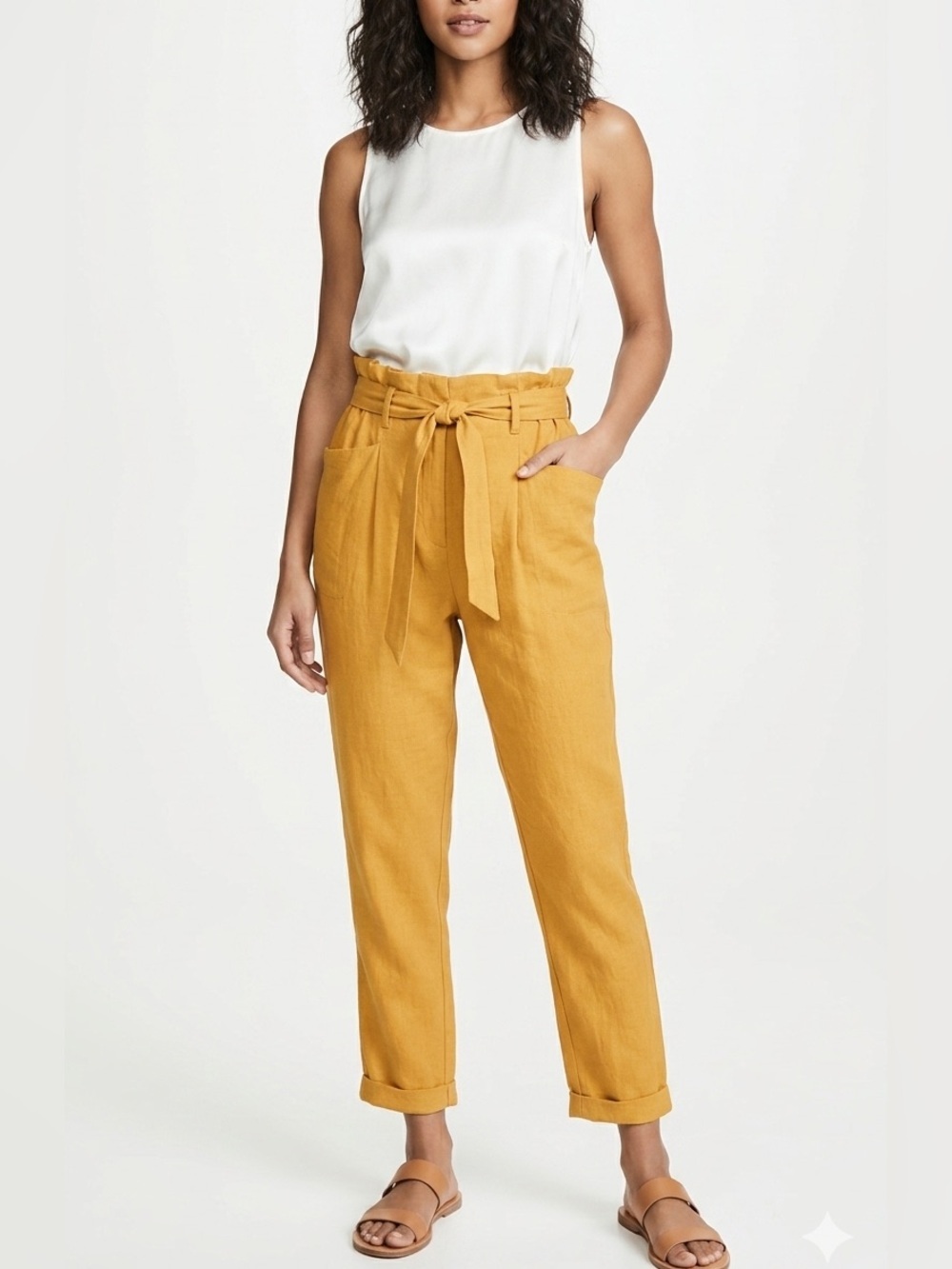 Lovers + Friends Mustard Paperbag Tie-Waist Straight Leg Pants